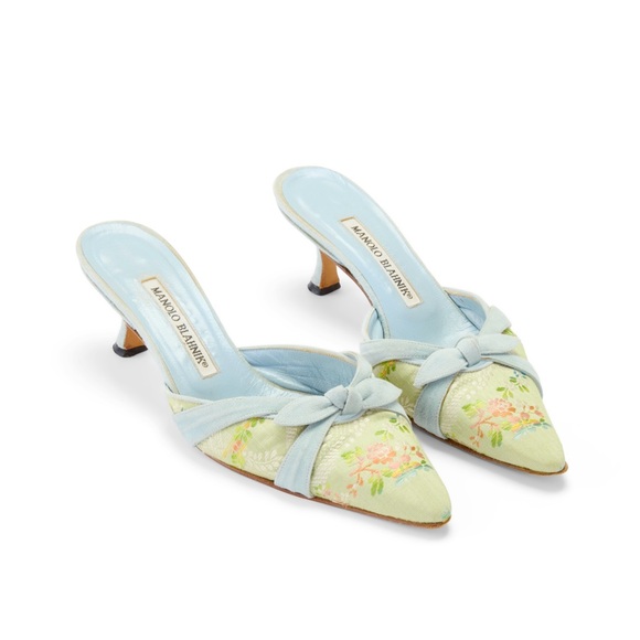 Manolo Blahnik Green & Blue Floral Bow Mules - Picture 4 of 6